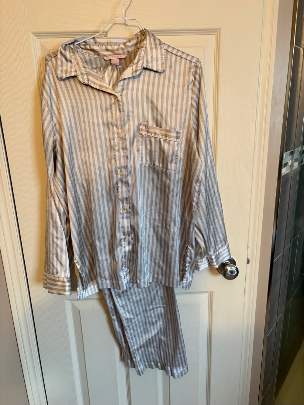 Victoria’s Secret Satin Stripe Pajama Set - Silver/White